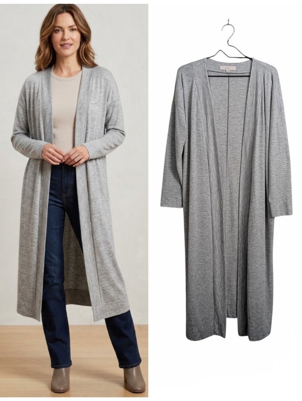 LOFT Gray Open-Front Long Duster Cardigan Sweater Size M Lightweight Side Slit